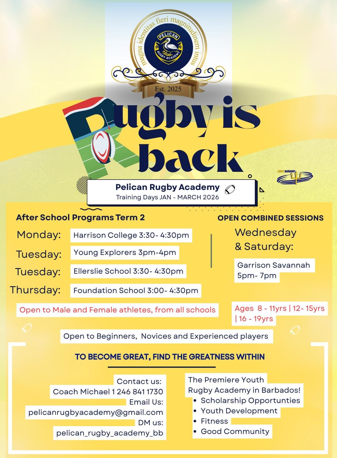 Pelican Rugby Academy Term 2 Poster — Rugby Is Back, Jan–March 2026